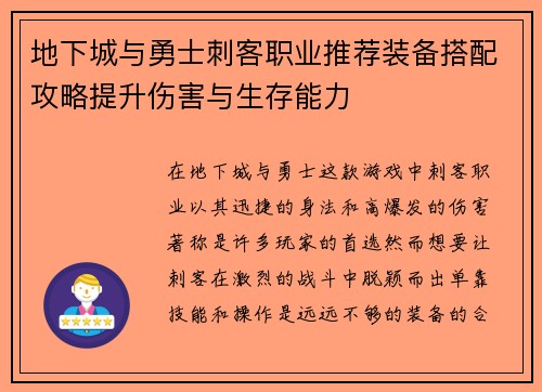 地下城与勇士刺客职业推荐装备搭配攻略提升伤害与生存能力